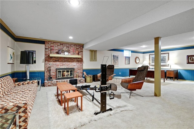 11814 W 149th St, Olathe, KS 66062 - carpeted living room featuring a wainscoted wall, a fireplace, and ornamental molding