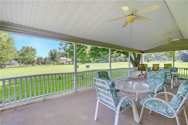 11814 W 149th St, Olathe, KS 66062 - view of patio / terrace with a ceiling fan, a playground, and outdoor dining area