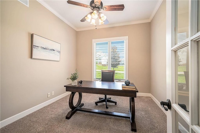 4512 NE Parks Summit Ter, Lees Summit, MO 64064 - home office with carpet floors, ornamental molding, and ceiling fan