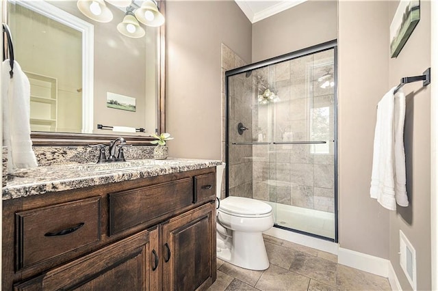 4512 NE Parks Summit Ter, Lees Summit, MO 64064 - bathroom featuring crown molding, vanity, and a shower stall