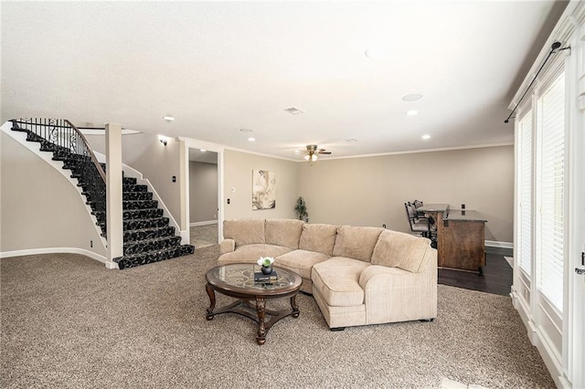 4512 NE Parks Summit Ter, Lees Summit, MO 64064 - carpeted living area with stairs, crown molding, recessed lighting, and a ceiling fan