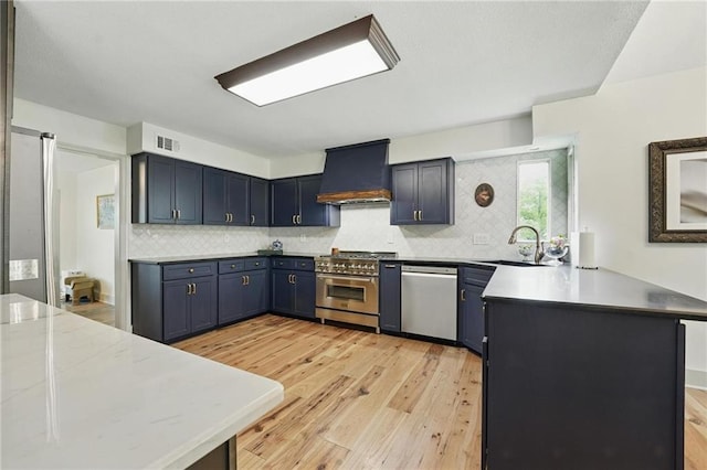 3632 NW Blue Jacket Dr, Lees Summit, MO 64064 - kitchen featuring stainless steel appliances, premium range hood, a peninsula, a sink, and decorative backsplash