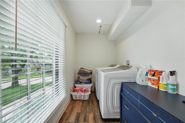 3632 NW Blue Jacket Dr, Lees Summit, MO 64064 - laundry room with independent washer and dryer and dark wood-type flooring