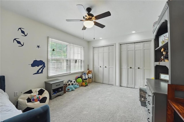 3632 NW Blue Jacket Dr, Lees Summit, MO 64064 - recreation room with a ceiling fan, carpet floors, and recessed lighting