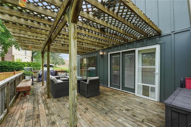 3632 NW Blue Jacket Dr, Lees Summit, MO 64064 - wooden terrace featuring an outdoor living space and a pergola