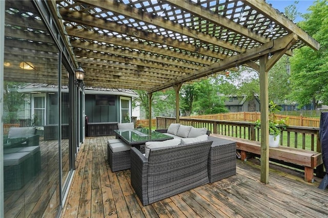 3632 NW Blue Jacket Dr, Lees Summit, MO 64064 - deck with an outdoor hangout area, a fenced backyard, and a pergola