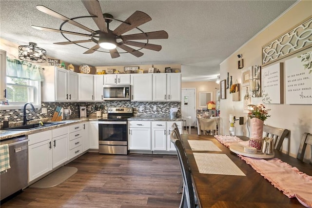 302 W 4th St, Waverly, KS 66871 - kitchen featuring appliances with stainless steel finishes, a sink, a textured ceiling, a ceiling fan, and decorative backsplash