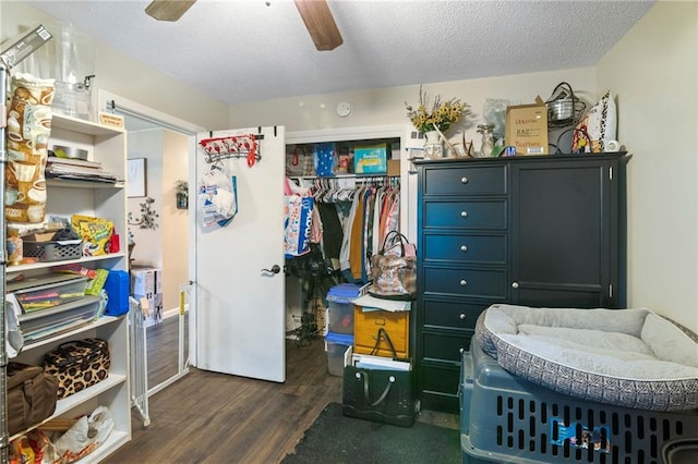 302 W 4th St, Waverly, KS 66871 - bedroom featuring dark wood-type flooring, a closet, a textured ceiling, and ceiling fan