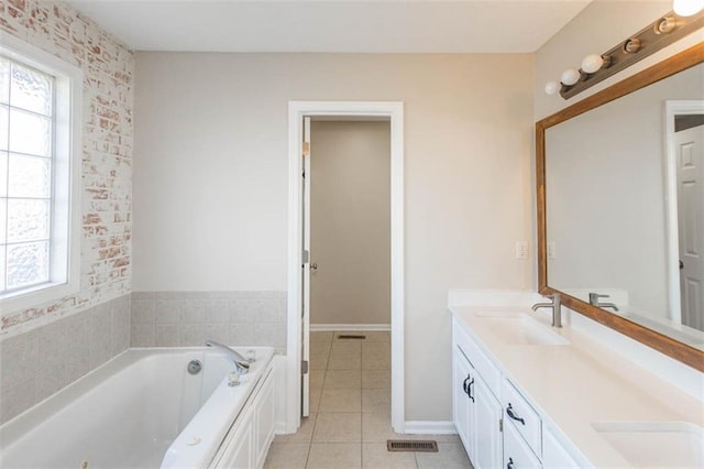 7503 N Lewis Ave, Kansas City, MO 64158 - full bathroom with double vanity, tile patterned floors, and a garden tub