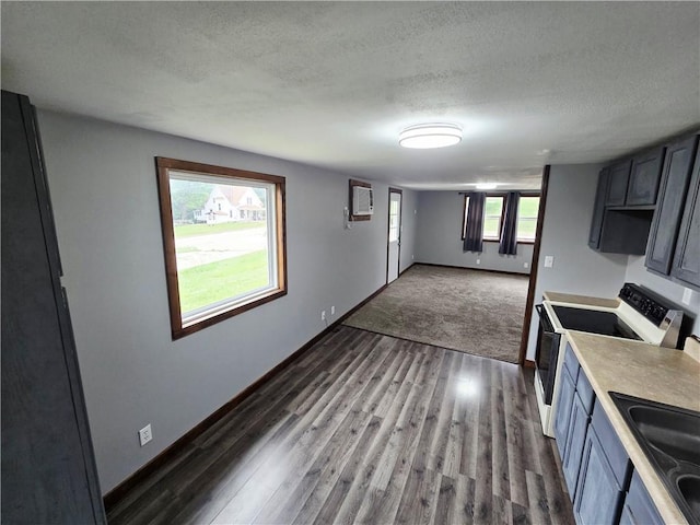 403 S Washington St, Rock Port, MO 64482 - kitchen featuring electric range, a textured ceiling, dark wood-style floors, baseboards, and a sink