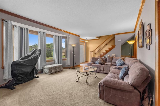 4022 SW Flintrock Dr, Lees Summit, MO 64082 - living area with crown molding, stairway, carpet flooring, and a textured ceiling