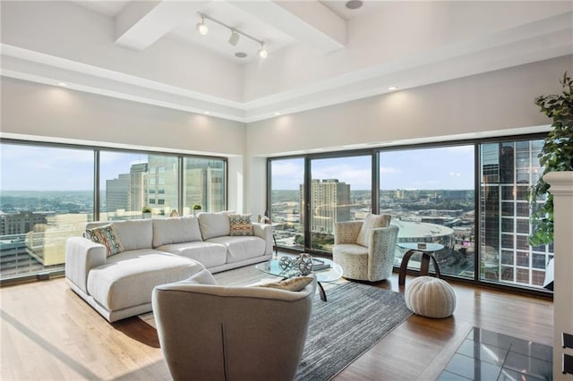 1101 Walnut St Unit 1809, Kansas City, MO 64106 - living room with a view of city, rail lighting, healthy amount of natural light, a towering ceiling, and wood finished floors