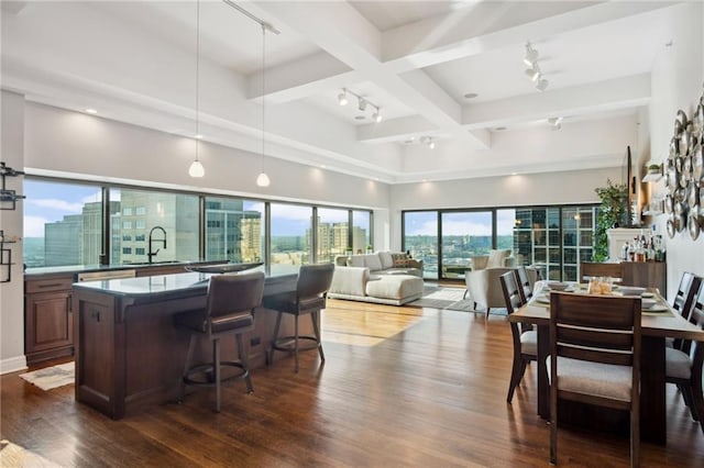 1101 Walnut St Unit 1809, Kansas City, MO 64106 - kitchen featuring track lighting, a city view, a sink, dark wood-style floors, and a kitchen bar
