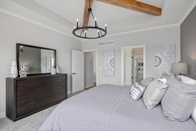 22112 W 80th Ter, Shawnee, KS 66220 - carpeted bedroom featuring a chandelier, beam ceiling, ornamental molding, and baseboards