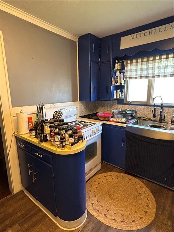 112 W Neosho St, Iola, KS 66749 - kitchen with gas range gas stove, blue cabinetry, a sink, ornamental molding, and dark wood-style floors