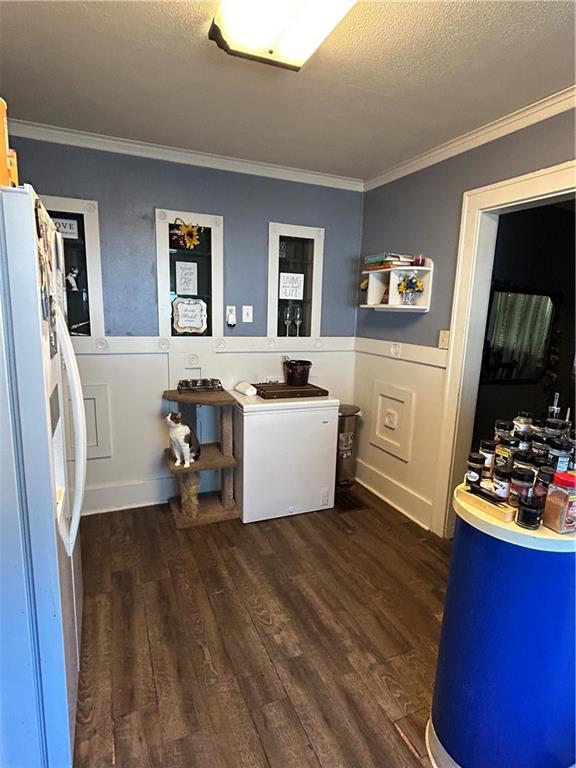 112 W Neosho St, Iola, KS 66749 - office space with ornamental molding, dark wood-type flooring, a wainscoted wall, and a textured ceiling