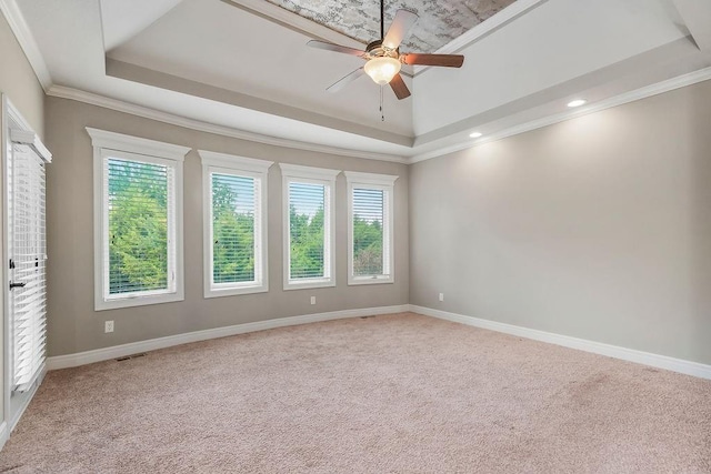 24793 W 98th St, Lenexa, KS 66227 - carpeted spare room with a tray ceiling, plenty of natural light, a ceiling fan, and ornamental molding
