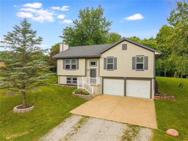 5488 SW Reed Ln, Trimble, MO 64492 - split foyer home with driveway, a garage, a chimney, and a front lawn