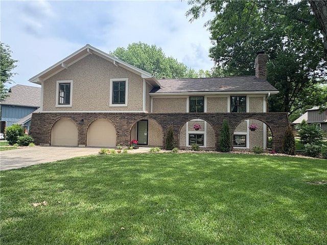 3647 NW Blue Jacket Dr, Lees Summit, MO 64064 - view of front facade with an attached garage, concrete driveway, a front lawn, and a chimney