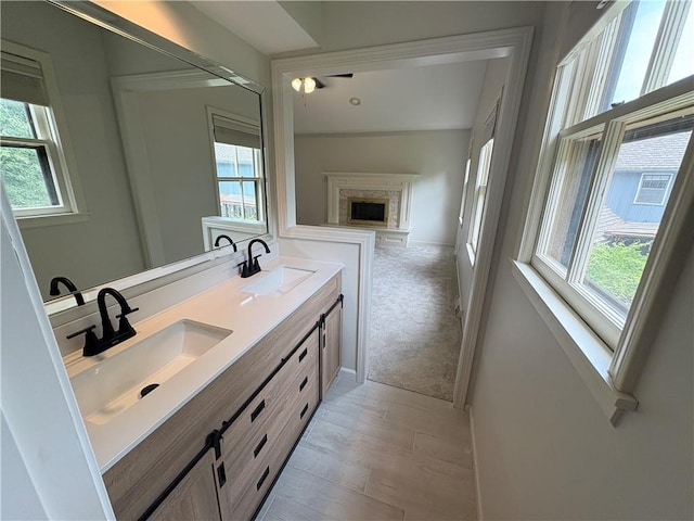 3647 NW Blue Jacket Dr, Lees Summit, MO 64064 - bathroom featuring healthy amount of natural light, double vanity, and wood finished floors