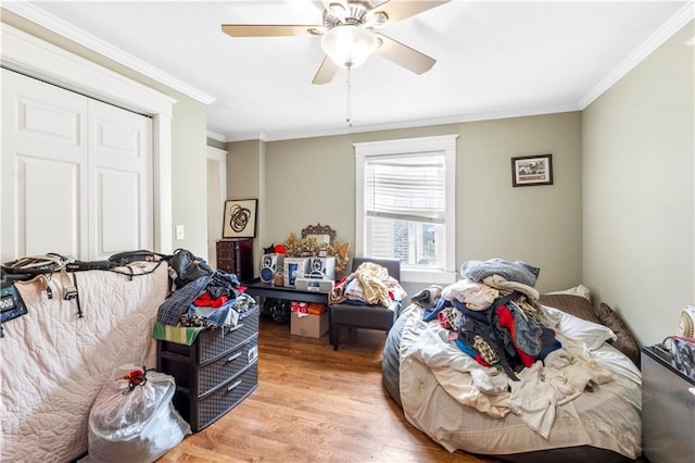 808 N River Blvd, Independence, MO 64050 - bedroom with wood finished floors, ornamental molding, a ceiling fan, and a closet