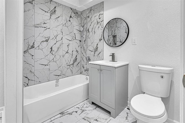 7314 NW 84th Ter, Kansas City, MO 64153 - bathroom with vanity, toilet, bathing tub / shower combination, marble look tiles, and a textured wall