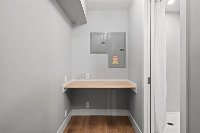8810 SW 9th Ter, Blue Springs, MO 64064 - washroom featuring electric panel, dark wood-type flooring, and a desk