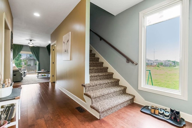 28340 W 164th St, Gardner, KS 66030 - staircase with wood finished floors, baseboards, a ceiling fan, and recessed lighting