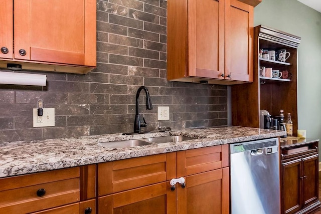 28340 W 164th St, Gardner, KS 66030 - kitchen with stainless steel dishwasher, a sink, decorative backsplash, and light stone counters