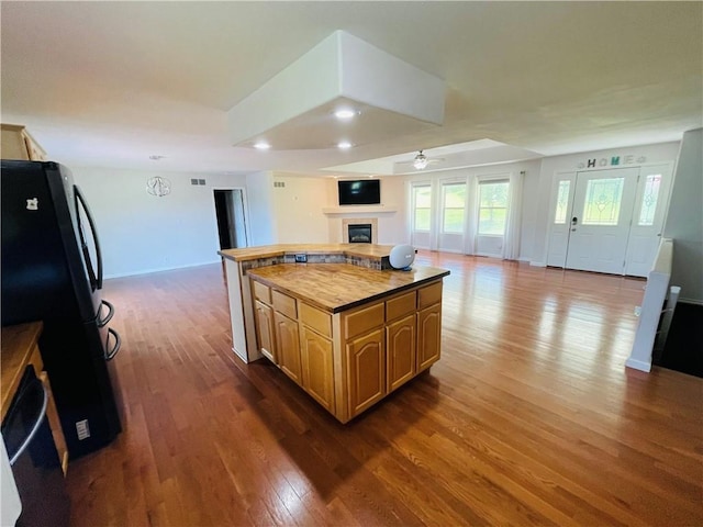 31821 159th St, Leavenworth, KS 66048 - kitchen featuring open floor plan, freestanding refrigerator, dark wood-style floors, a glass covered fireplace, and a ceiling fan