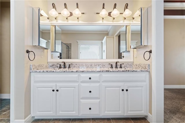 15027 Ash St, Leawood, KS 66224 - bathroom featuring double vanity, an enclosed shower, and crown molding