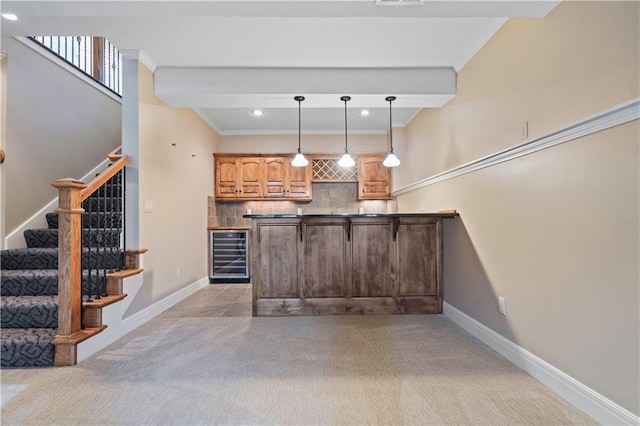 15027 Ash St, Leawood, KS 66224 - indoor bar with beverage cooler, decorative backsplash, light colored carpet, stairs, and pendant lighting
