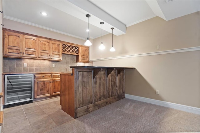 15027 Ash St, Leawood, KS 66224 - indoor wet bar featuring wine cooler, tasteful backsplash, ornamental molding, hanging light fixtures, and recessed lighting