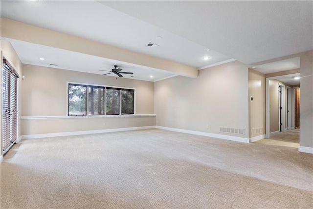 15027 Ash St, Leawood, KS 66224 - unfurnished room with light carpet, ceiling fan, recessed lighting, and crown molding
