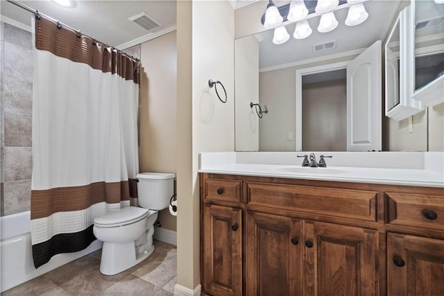 15027 Ash St, Leawood, KS 66224 - full bathroom featuring crown molding, vanity, and shower / bath combination with curtain