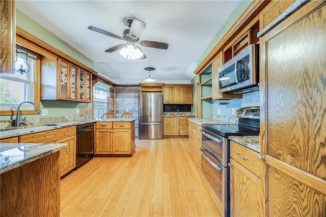 160 SW 131st Hwy, Holden, MO 64040 - kitchen featuring appliances with stainless steel finishes, light wood-style flooring, light stone counters, a ceiling fan, and glass insert cabinets