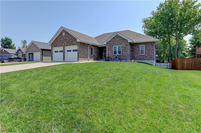 966 Moore Pl, Odessa, MO 64076 - ranch-style home with driveway, a garage, brick siding, and roof with shingles