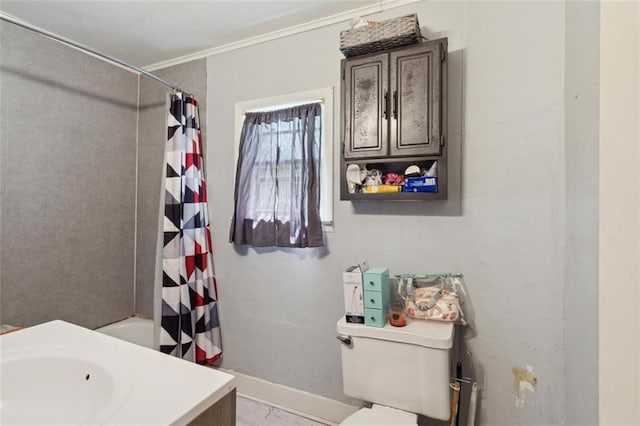 201 N Steuben Ave, Chanute, KS 66720 - bathroom with crown molding, vanity, and shower / bath combination with curtain