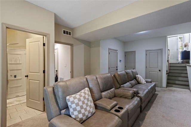 7907 W 59th Ter, Merriam, KS 66202 - living area featuring stairway, light carpet, and light tile patterned floors