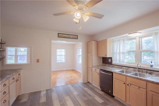 501 N Franklin St, Spring Hill, KS 66083 - kitchen featuring dishwasher, light brown cabinets, light wood-style flooring, a wainscoted wall, and ceiling fan