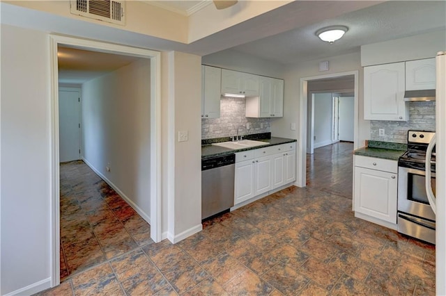 8 S Mulberry St, Louisburg, KS 66053 - kitchen with appliances with stainless steel finishes, dark countertops, a sink, under cabinet range hood, and white cabinetry