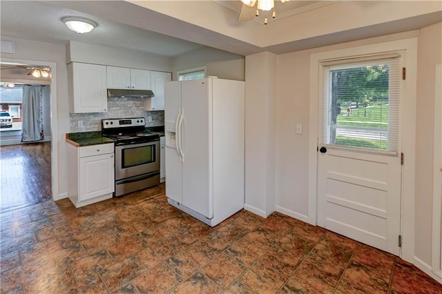 8 S Mulberry St, Louisburg, KS 66053 - kitchen featuring white fridge with ice dispenser, stainless steel electric stove, a ceiling fan, under cabinet range hood, and backsplash