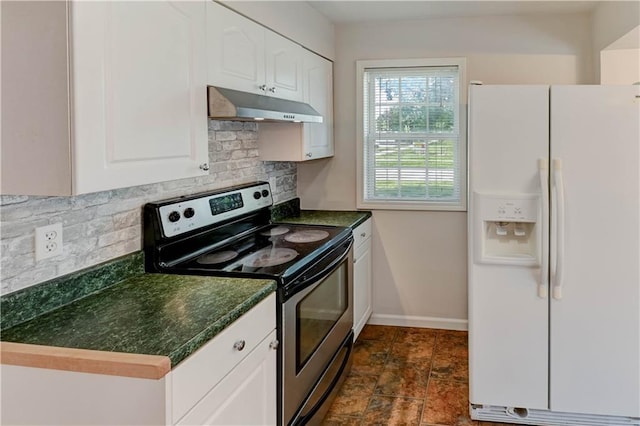 8 S Mulberry St, Louisburg, KS 66053 - kitchen featuring white refrigerator with ice dispenser, stainless steel electric stove, under cabinet range hood, dark countertops, and decorative backsplash