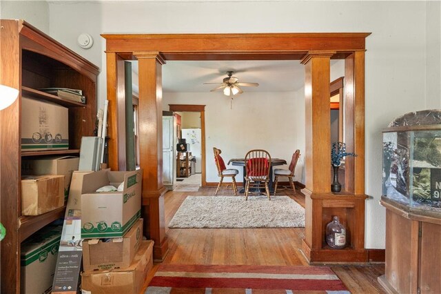 225 W Moore St, Independence, MO 64050 - dining room featuring wood finished floors and a ceiling fan