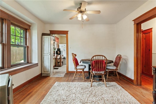 225 W Moore St, Independence, MO 64050 - dining room with light wood finished floors and ceiling fan
