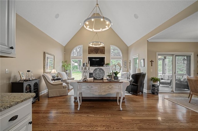 14208 Larsen St, Overland Park, KS 66221 - living room featuring high vaulted ceiling, dark wood-style flooring, and plenty of natural light