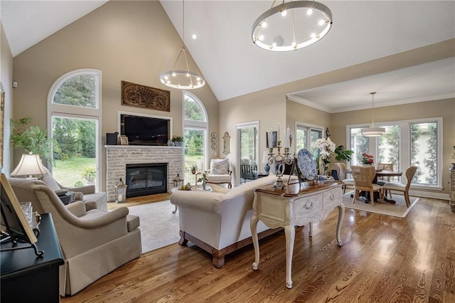 14208 Larsen St, Overland Park, KS 66221 - living room with high vaulted ceiling, wood finished floors, a fireplace, and plenty of natural light