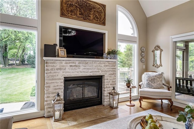 14208 Larsen St, Overland Park, KS 66221 - living area featuring wood finished floors, a stone fireplace, and high vaulted ceiling