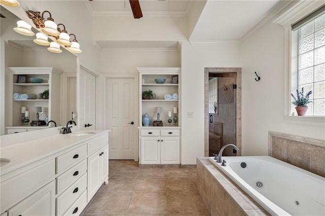 14208 Larsen St, Overland Park, KS 66221 - full bath with double vanity, a jetted tub, a shower stall, crown molding, and a chandelier