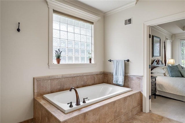 14208 Larsen St, Overland Park, KS 66221 - bathroom featuring a garden tub, ensuite bath, crown molding, and tile patterned flooring